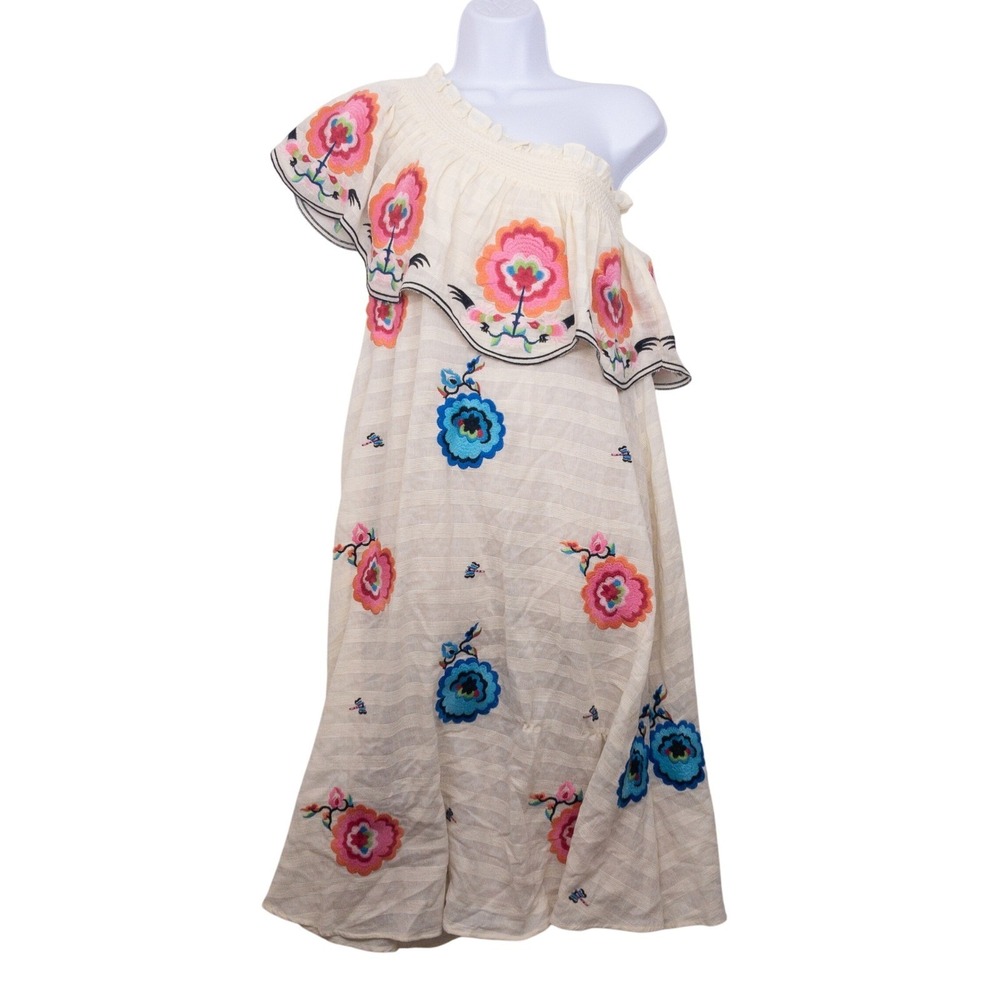 Plenty by Tracy Reese Dress Womens XS Cream Embroidered Floral One Shoulder Midi